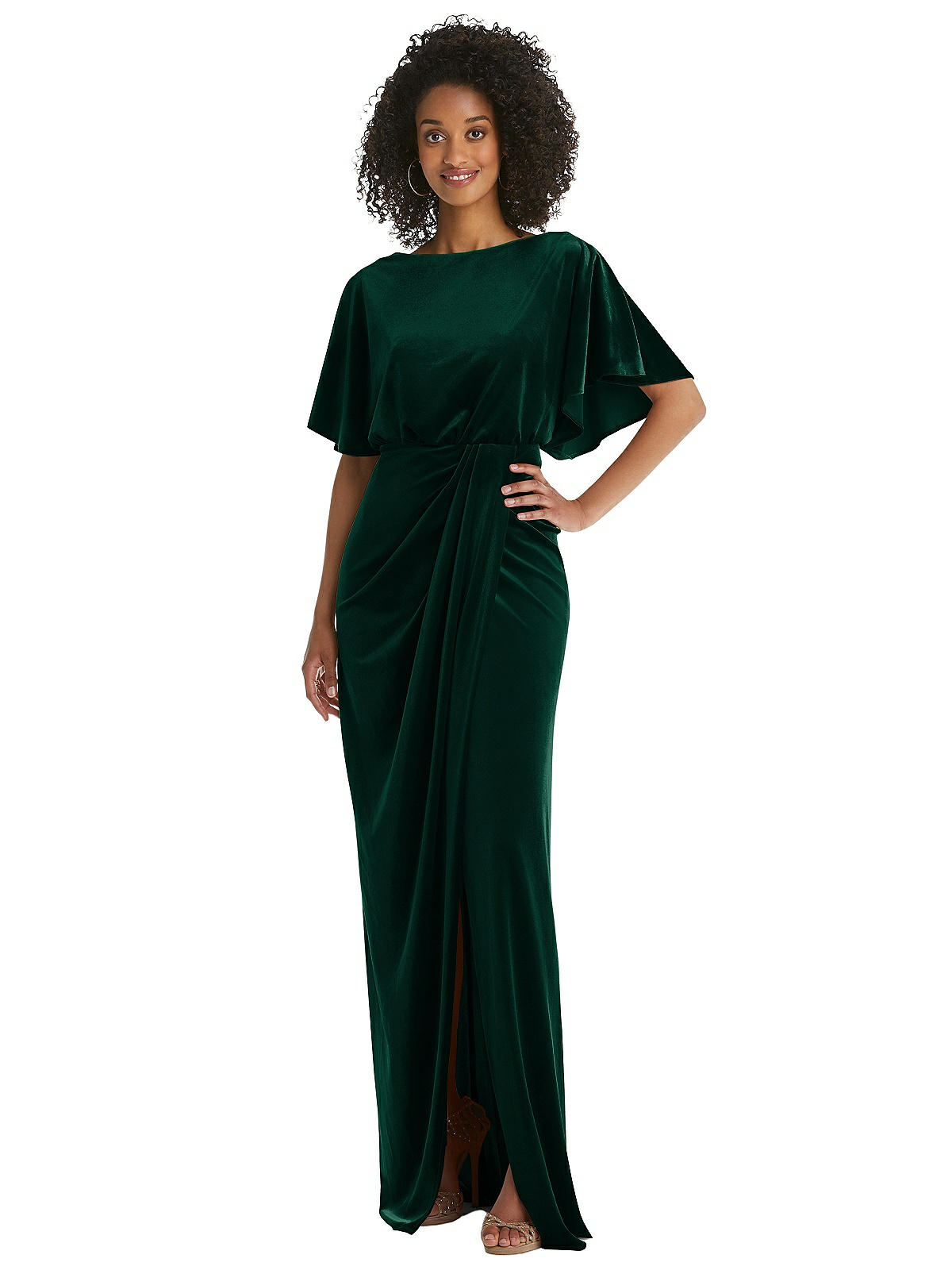 After Six Flutter Sleeve Open-back Velvet Maxi Dress With Draped Wrap Skirt In Green