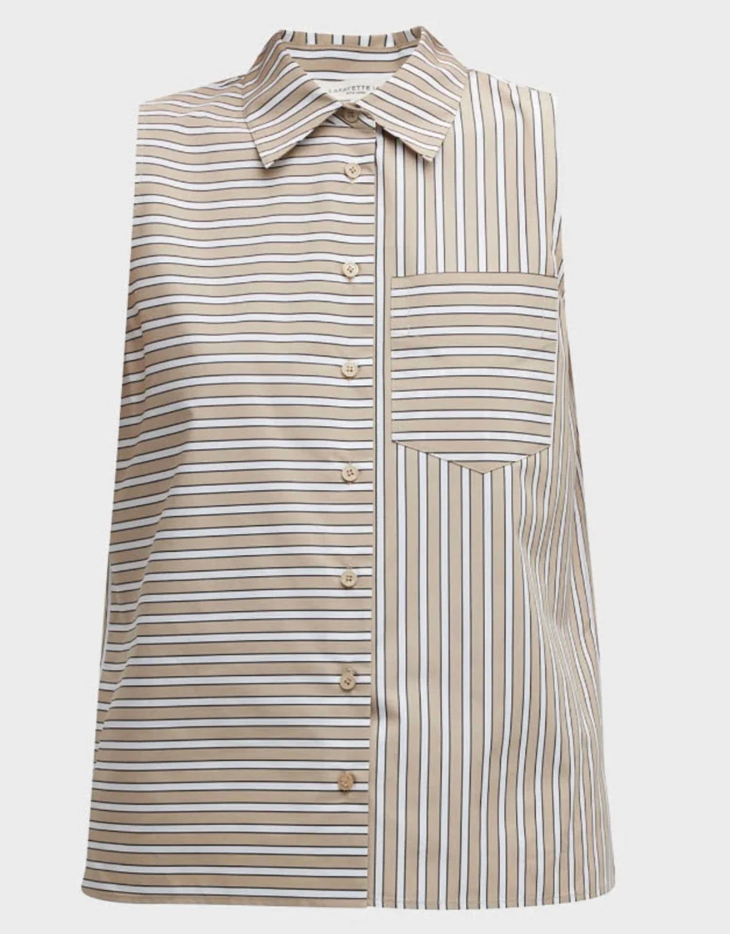 Shop Lafayette 148 Striped Sleeveless Button-down Shirt In Oat Multi In White