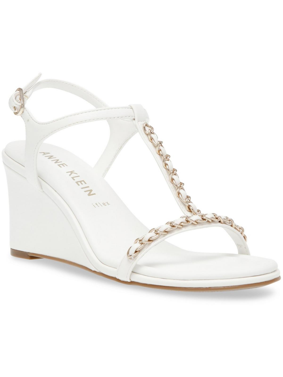 Anne Klein Sloan Womens Faux Leather Ankle Strap Wedge Sandals In White