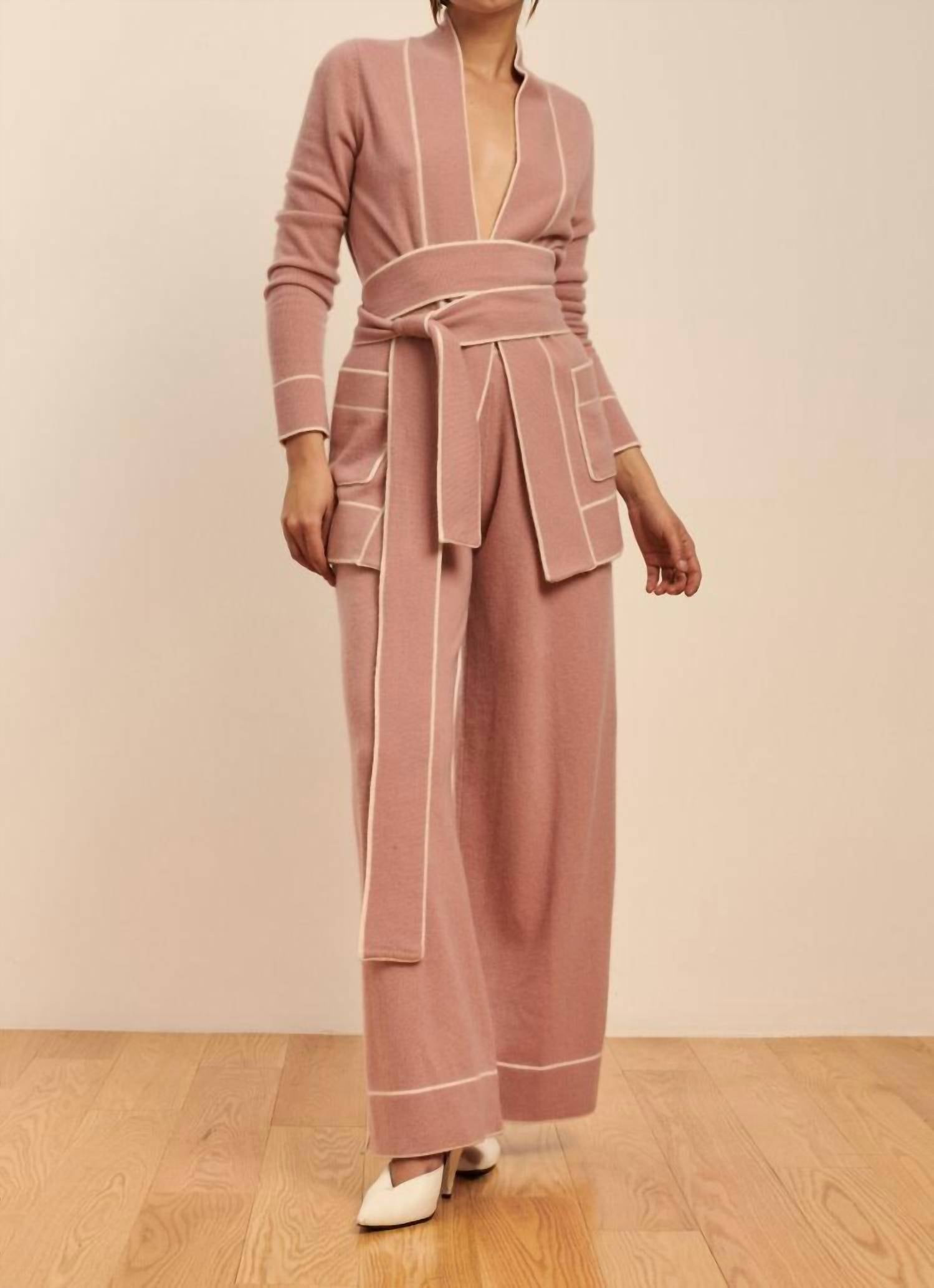 Shop Madeleine Thompson Diableret Belted Cashmere Cardigan In Dusty Pink/cream