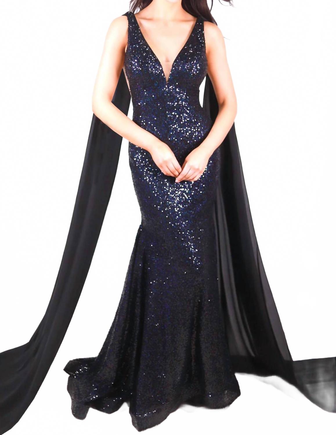 Ava Presley Fitted Sequin Evening Gown With Cascading Sash In Black In Black