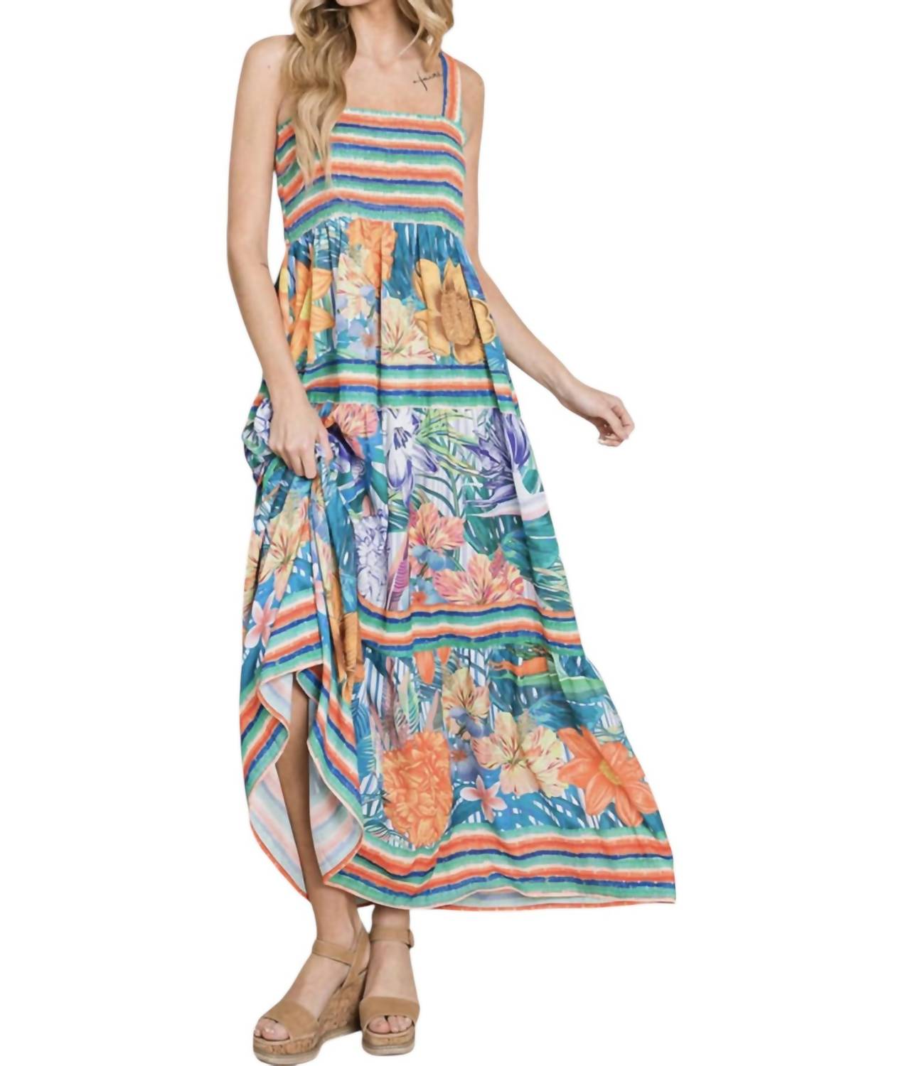 Cotton Bleu Summer Tiered Maxi Dress In Multi Orange In Multi