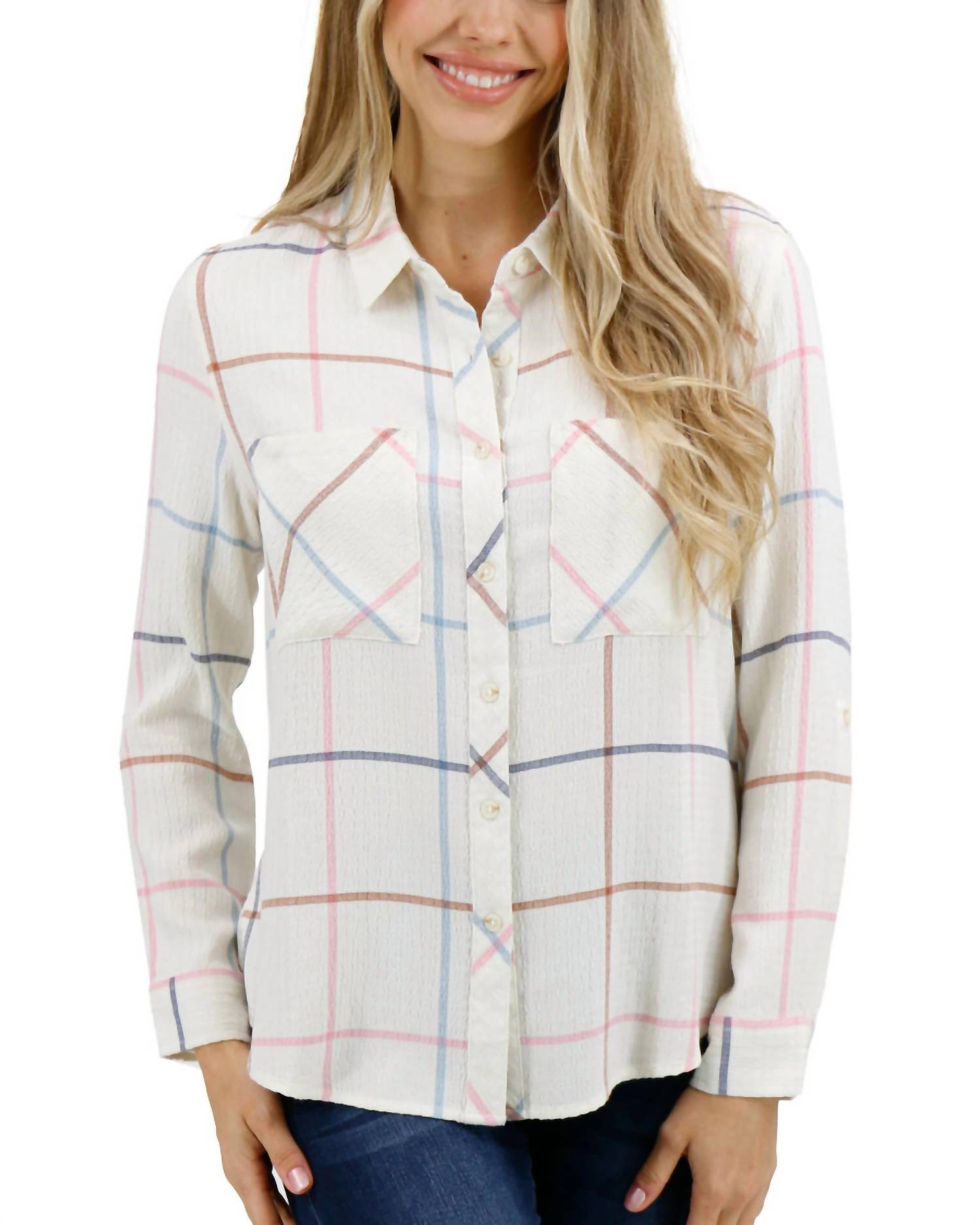 Grace & Lace Favorite Button Up Top In Windowpane In Neutral