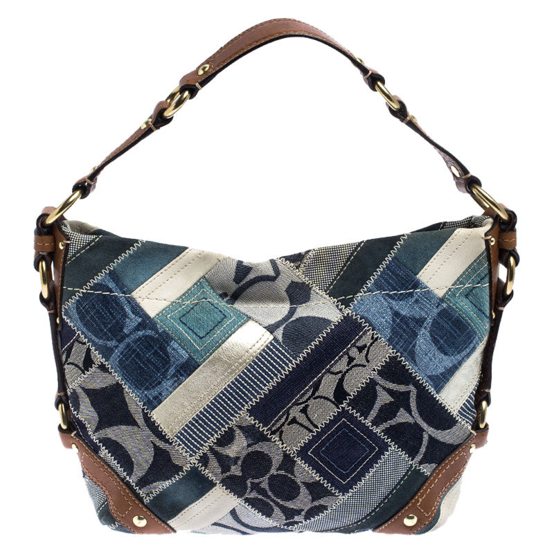 Shop Coach Color Patchwork Leather And Fabric Carly Hobo In Blue