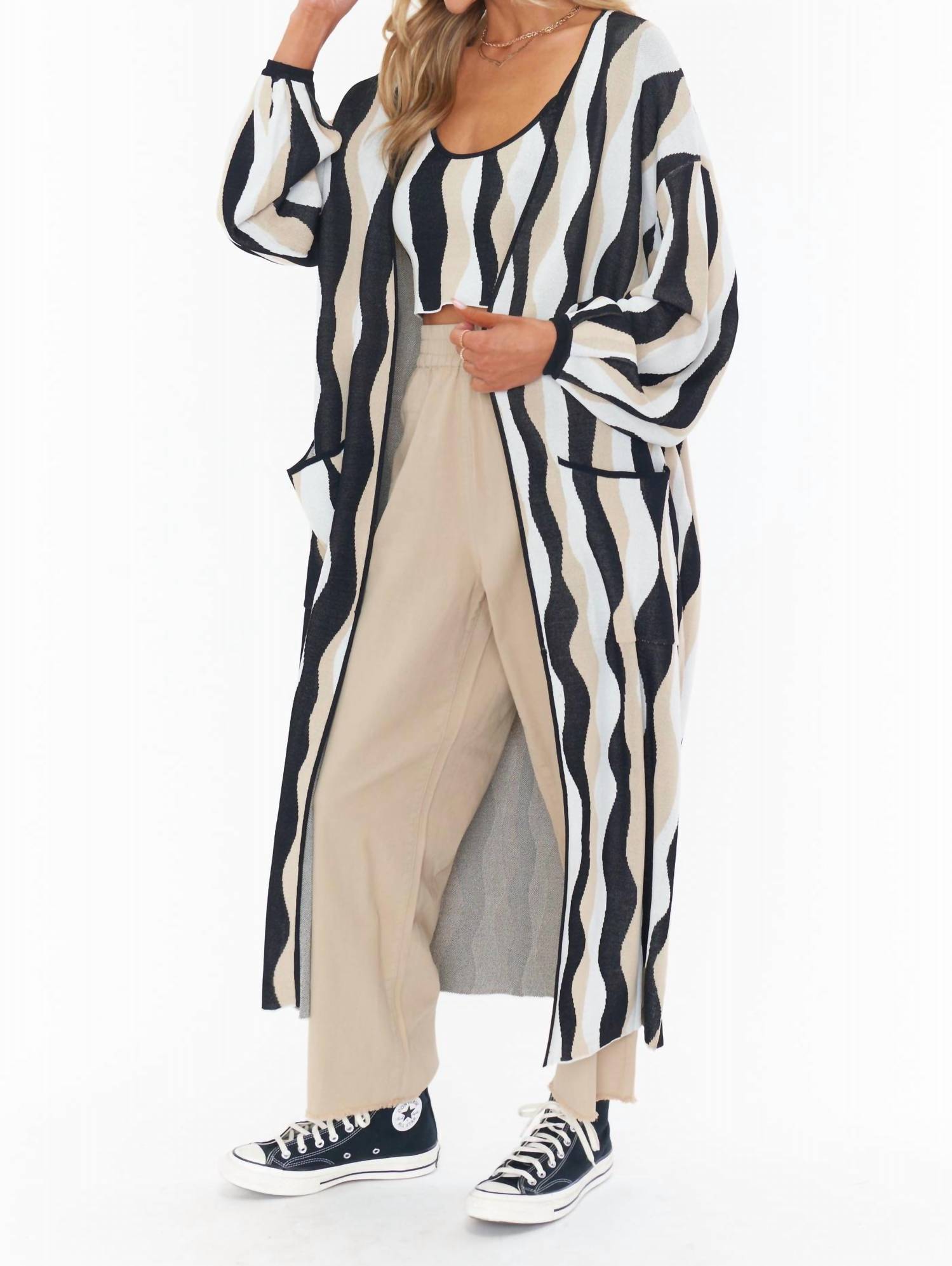 Shop Show Me Your Mumu Out & About Cardi In Squiggle Stripe Knit In White