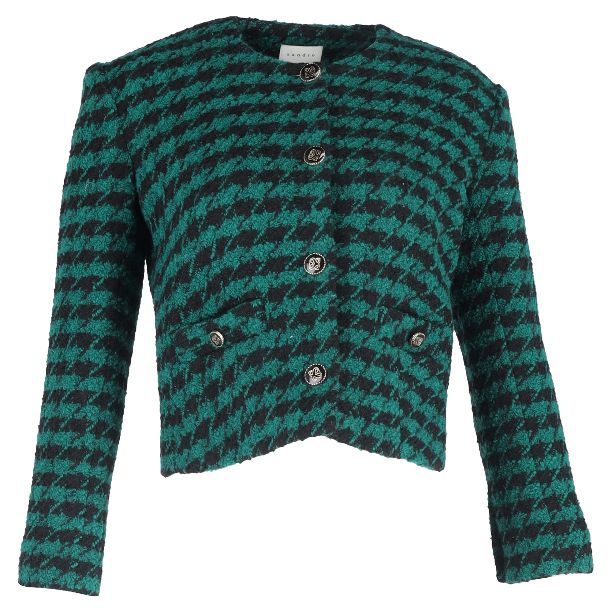 Sandro Houndstooth Print Cropped Blazer In Green Tweed Wool In Green