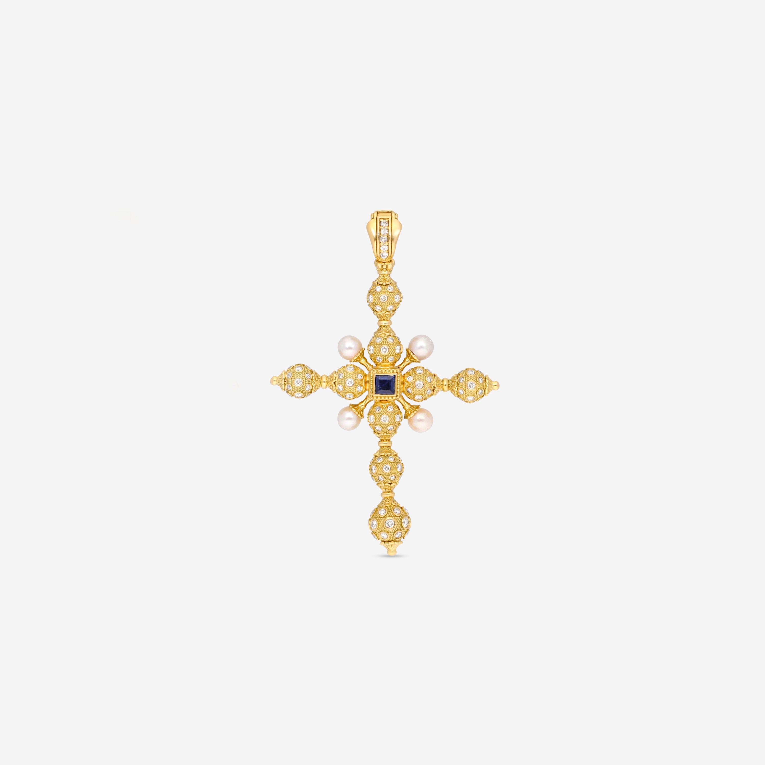 Konstantino Melissa 18k Yellow Gold, Diamond, Sapphire And Pearl Cross Pendant