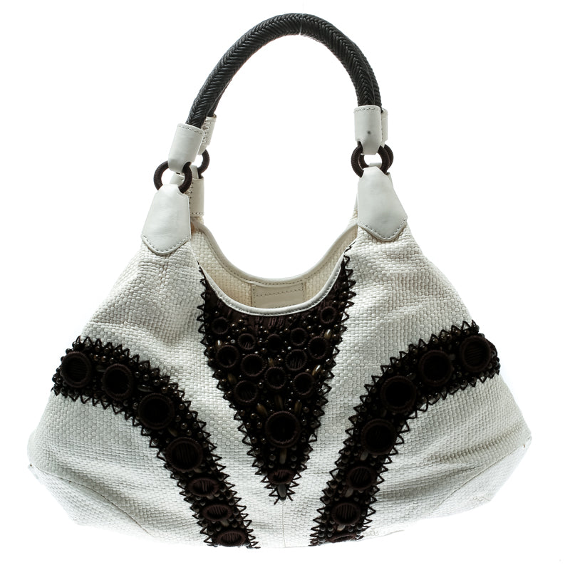 Cole Haan Woven Leather Beaded Hobo In White