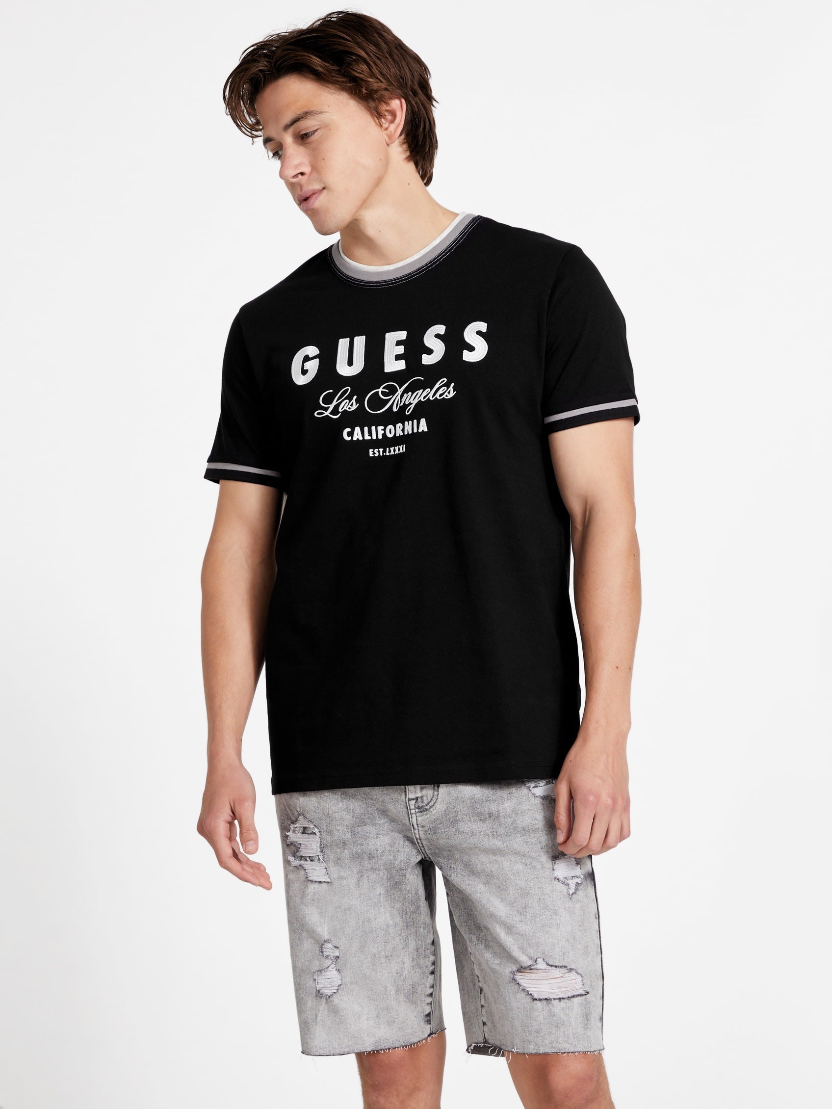 Guess Factory Nathaniel Embroidered Logo Tee In Black
