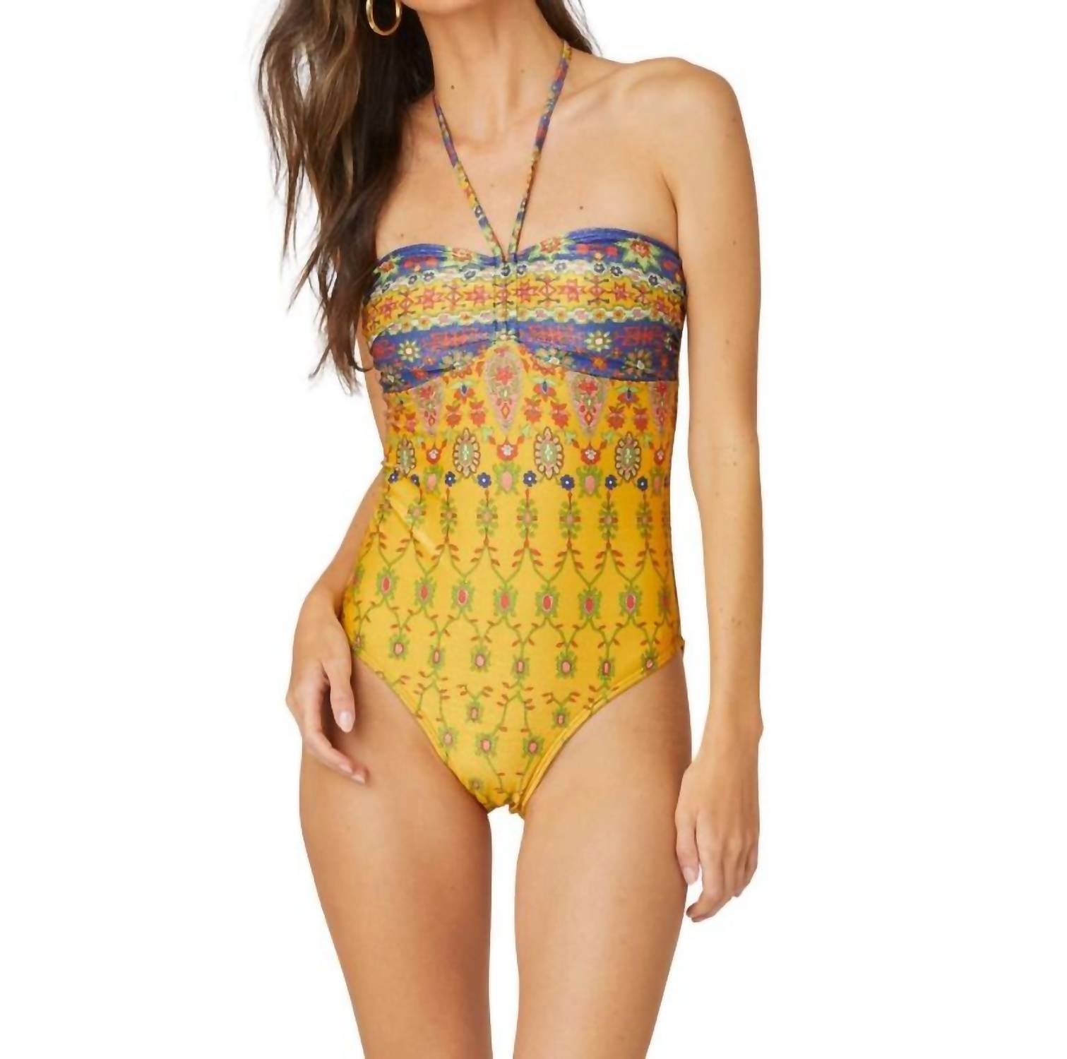 Shop Shoshanna Cinched One Piece Swim Suit In Yellow Multi