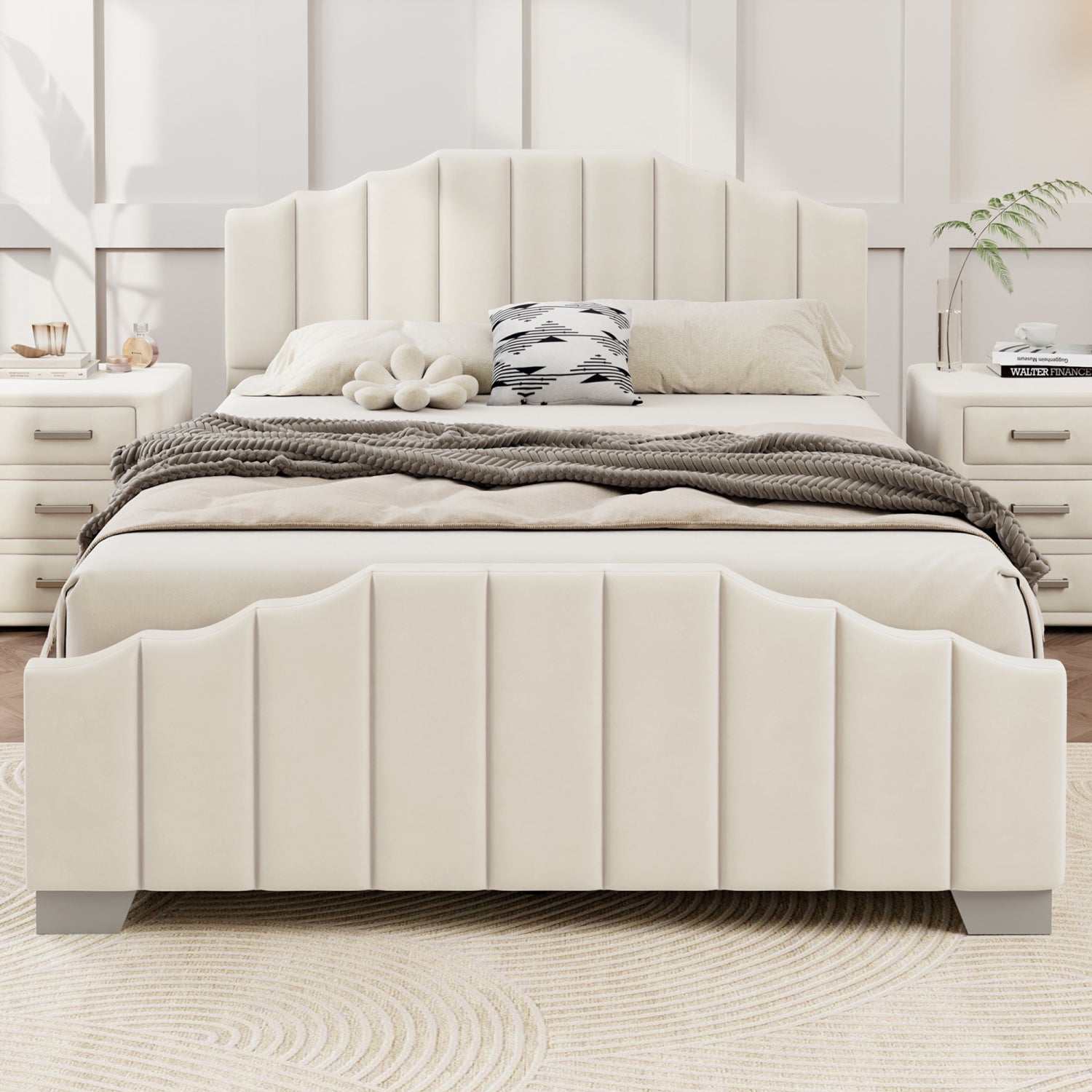 Streamdale 3-Piece Full Bed Set Velvet Bed & Nightstands