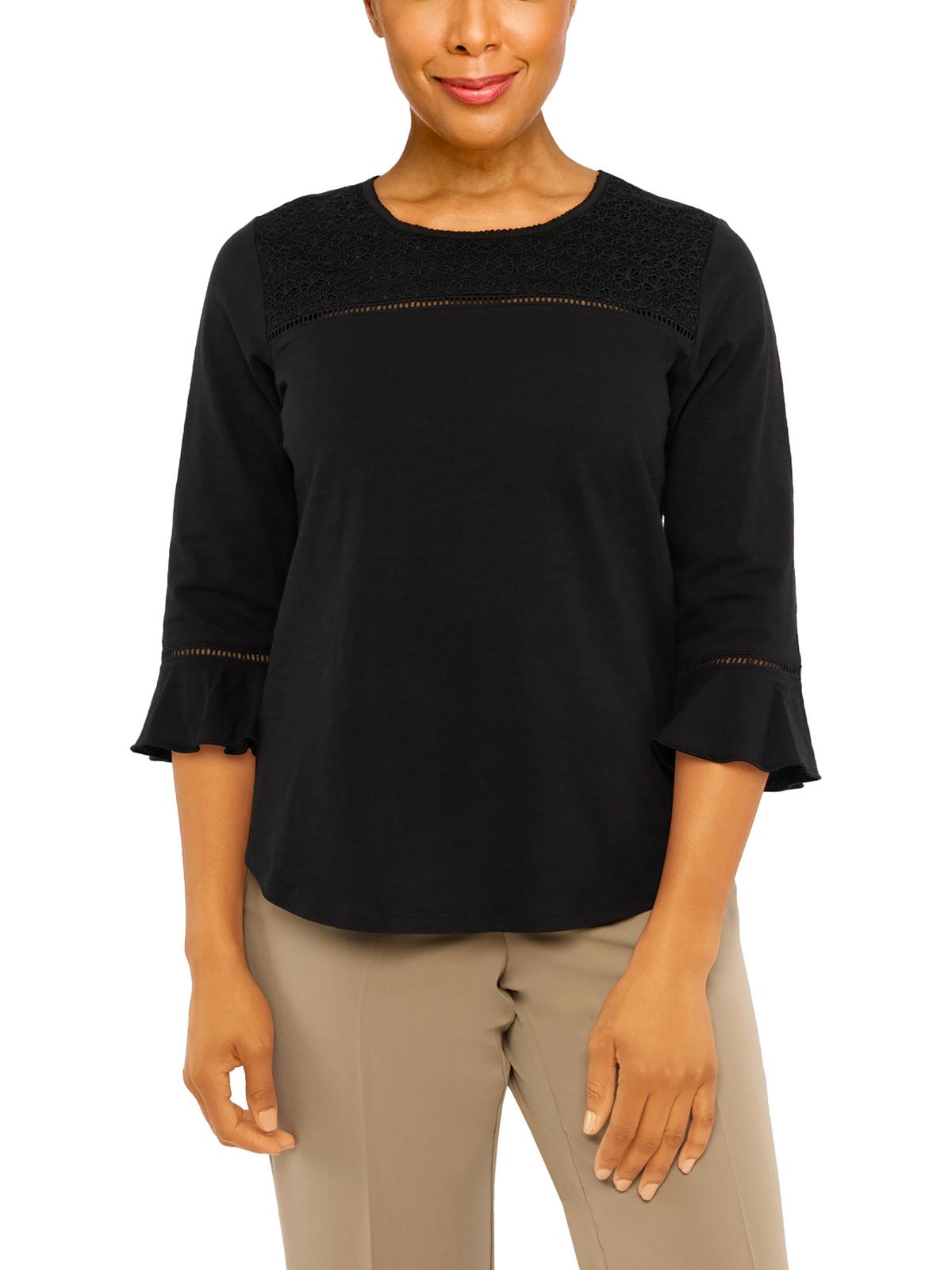 Shop Alfred Dunner Womens Open Stitch Crochet Overlay Pullover Top In Black