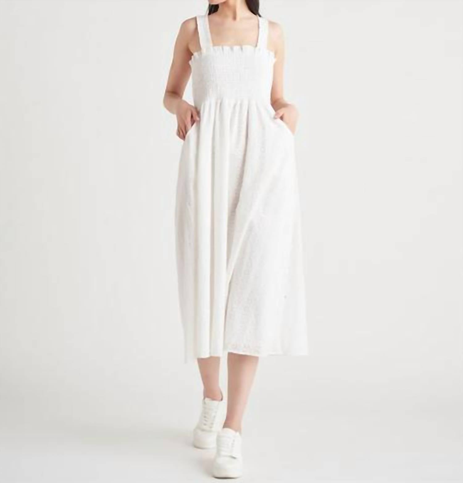 Shop Dex Smocked Eyelet Midi Dress In Ivory In White