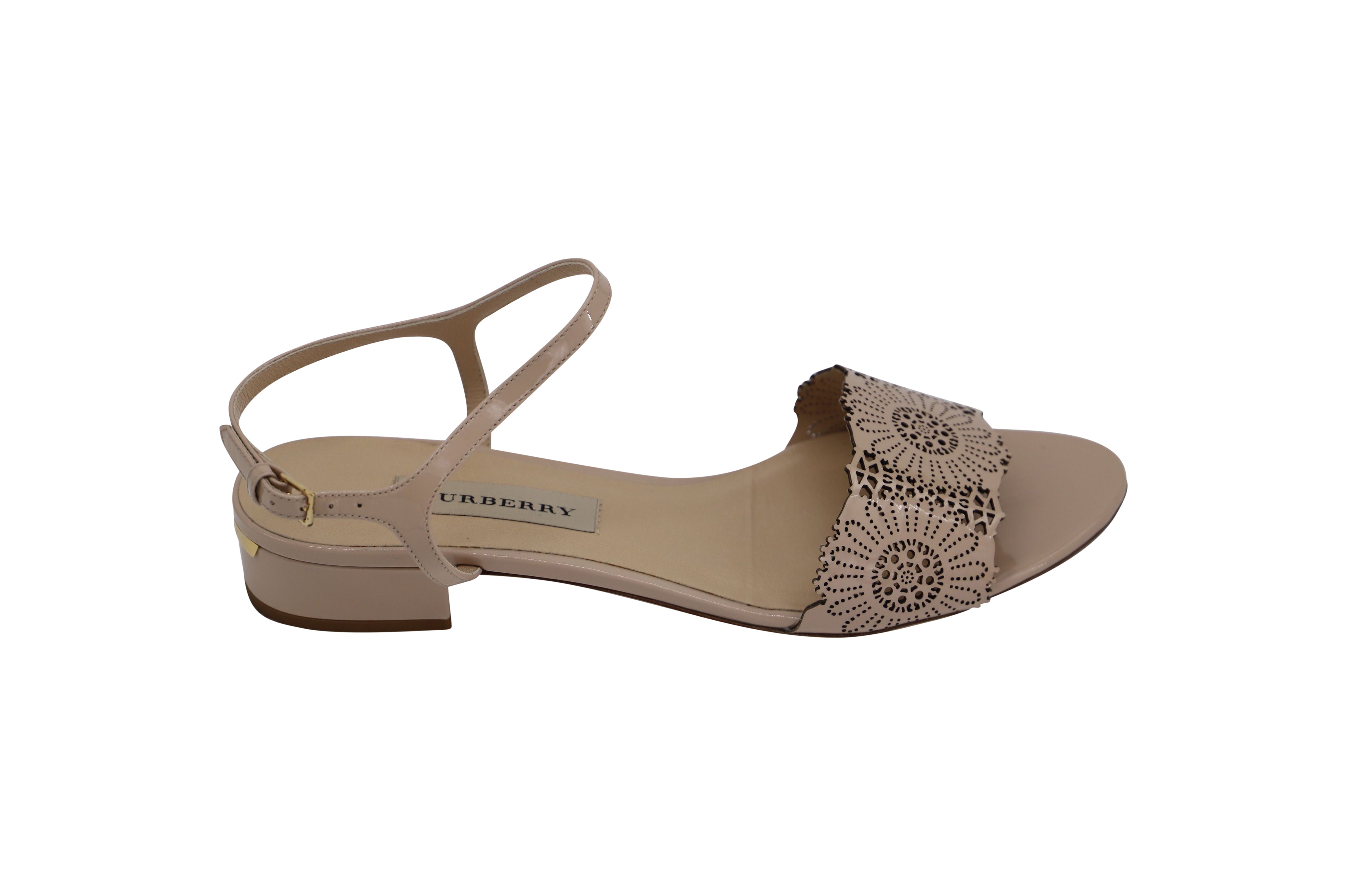 image of Burberry Lace Open-toe Strap Flats in Beige Leather