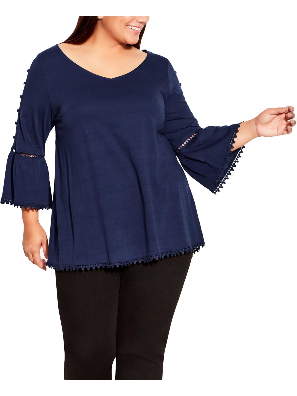 Shop Evans Plus Womens Crochet Trim Open-stitch Pullover Top In Blue
