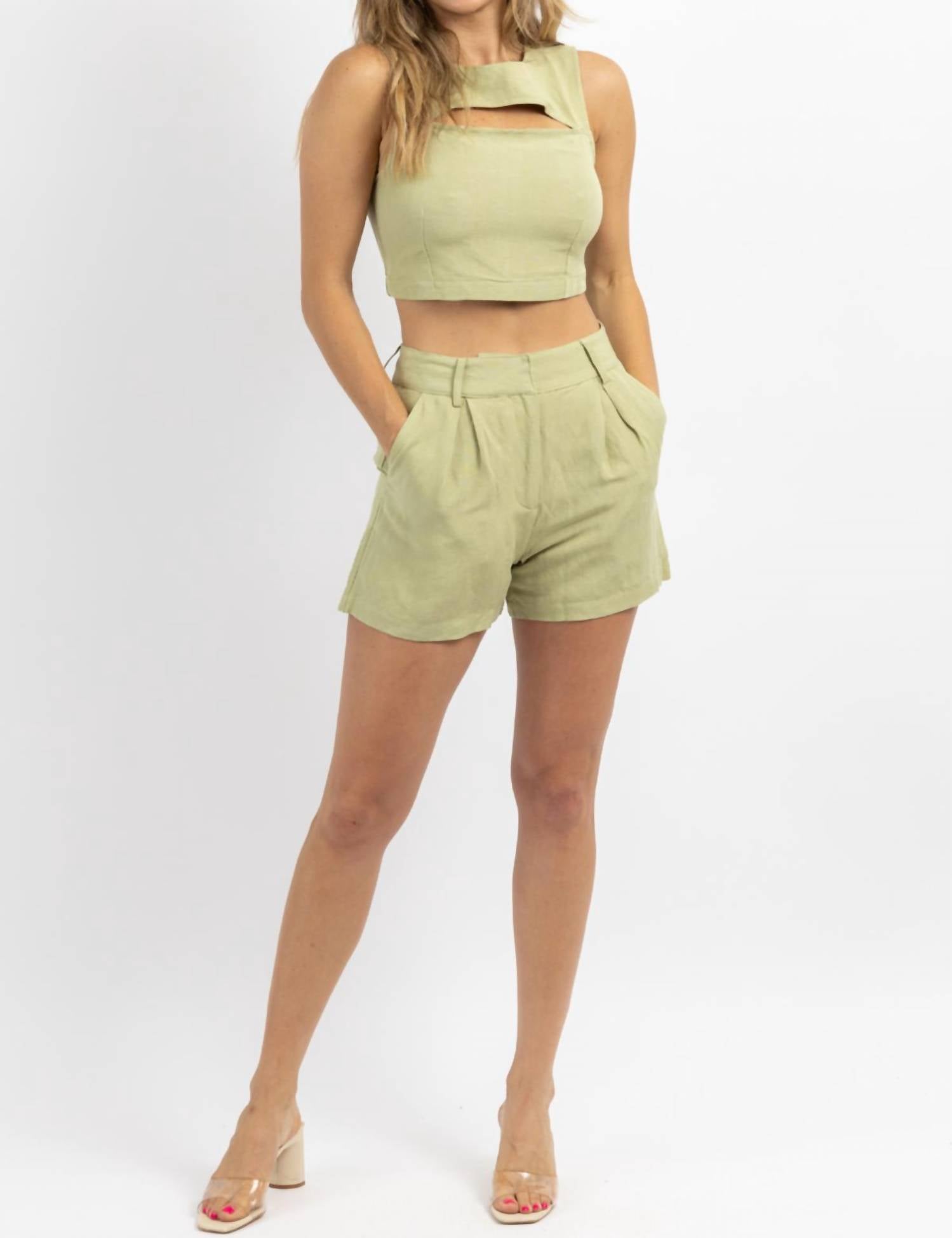 Shop Crescent Milly Linen Short Set In Sage In Yellow