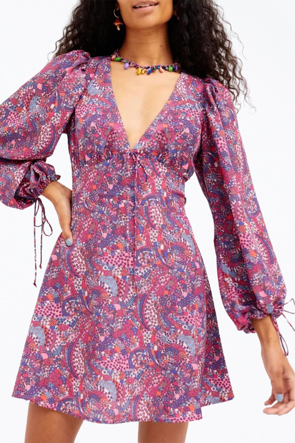 Shop For Love & Lemons Tonya Open-back Long Sleeve Mini Dress In Purple In Multi