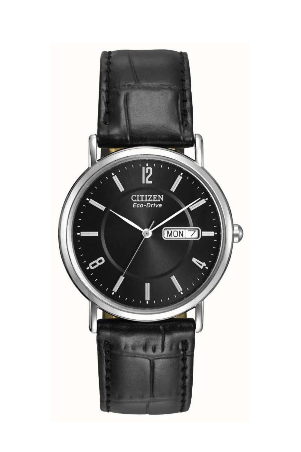 Men's Leather Strap Eco-Drive Watch In Black