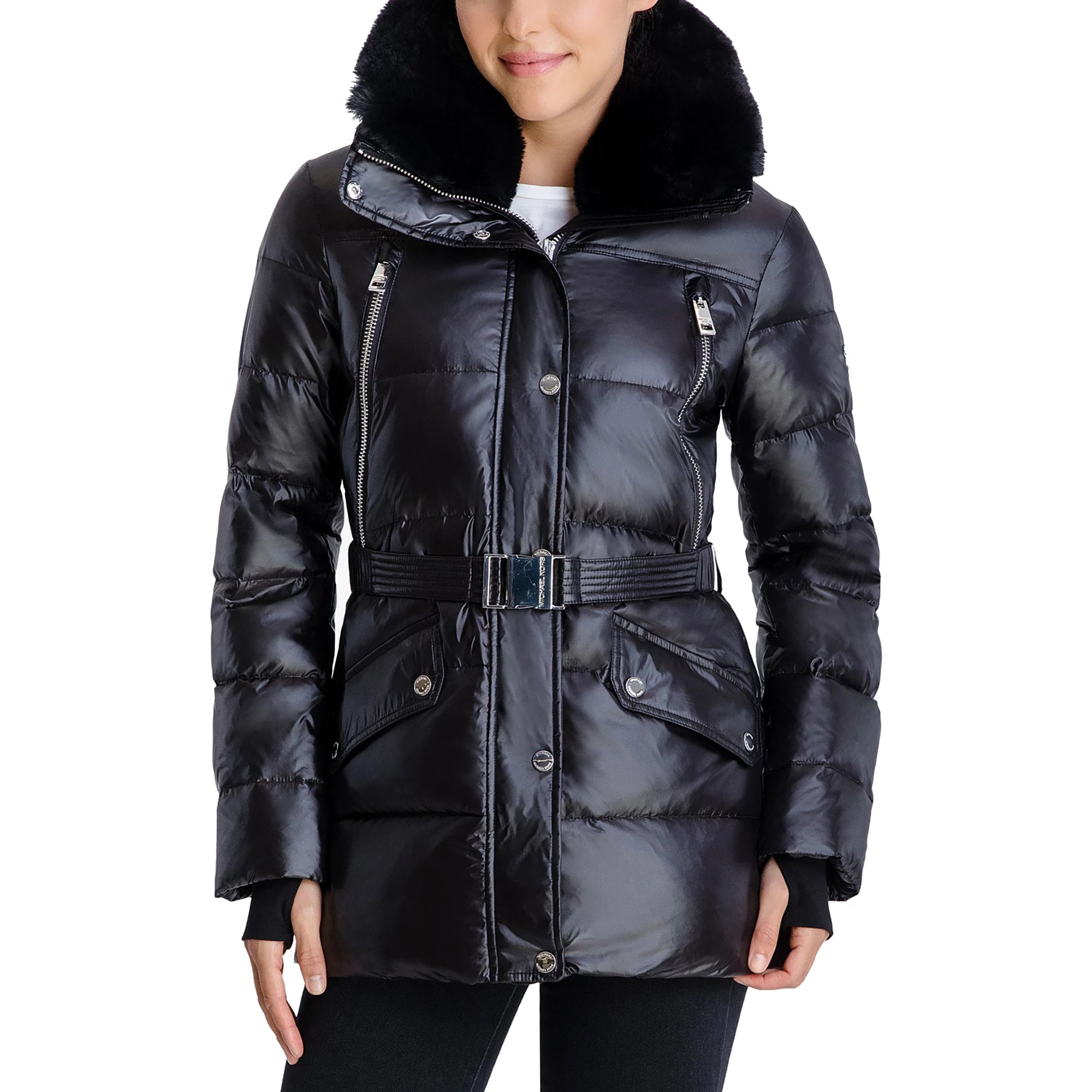 Michael Michael Kors Michael Kors Black Shiny Down Belted Faux Fur Collar Quilted Coat Jacket