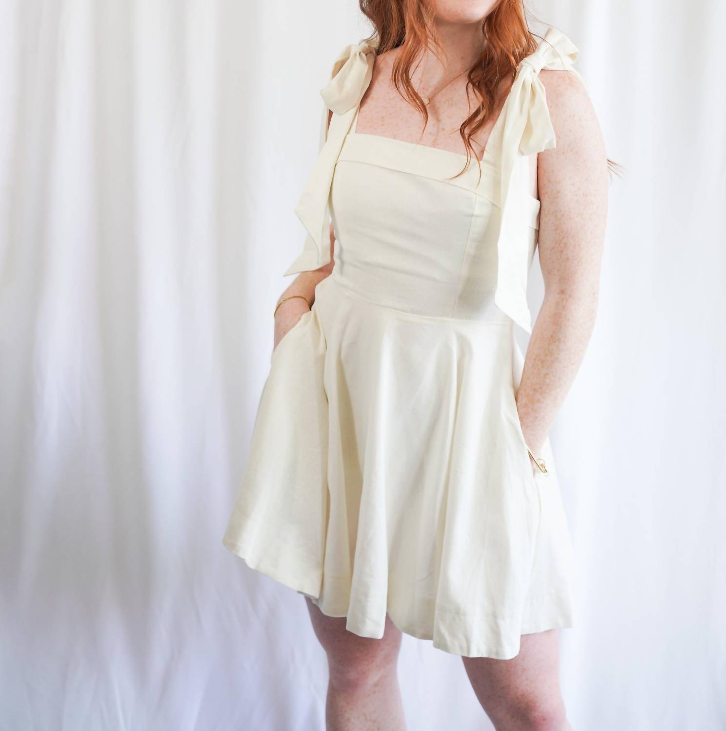 Shop Just Me Linen Shoulder Tie Mini Dress In White In Beige