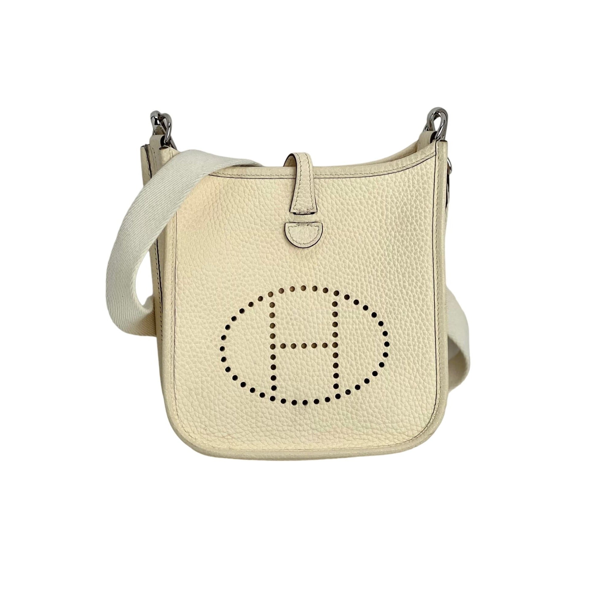 image of Hermes Taurillon Clemence evelyne TPM Nata White Crossbody Bag