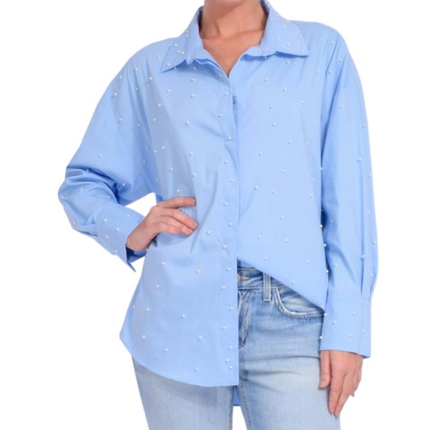 Shop Theo The Label Echo Pearly Shirt In Sky Blue