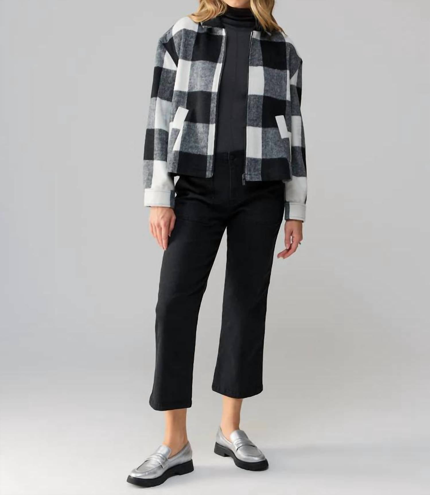 Shop Sanctuary Cropped Boy Shirt Zip Up Jacket In Checkmate In Grey