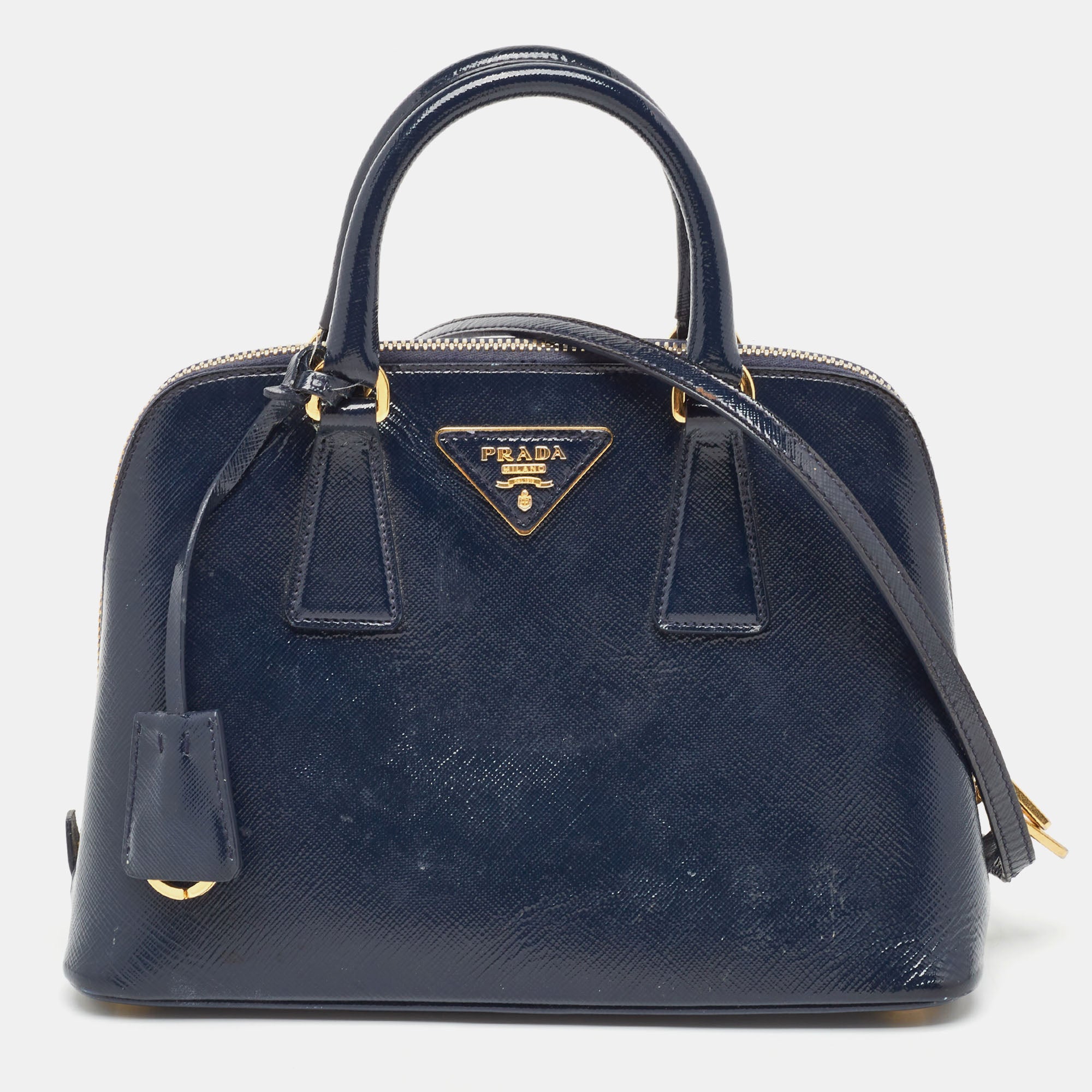 Prada Saffiano Patent Leather Small Promenade Satchel In Blue