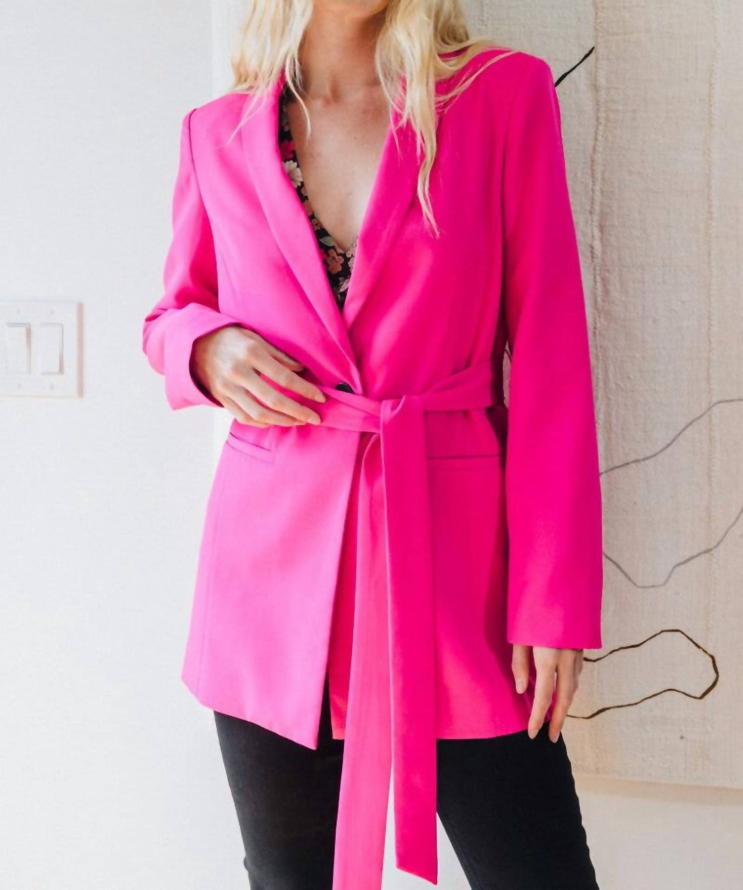 Oddi Collared Tuxedo Long Belted Blazer In Fuchsia In Pink
