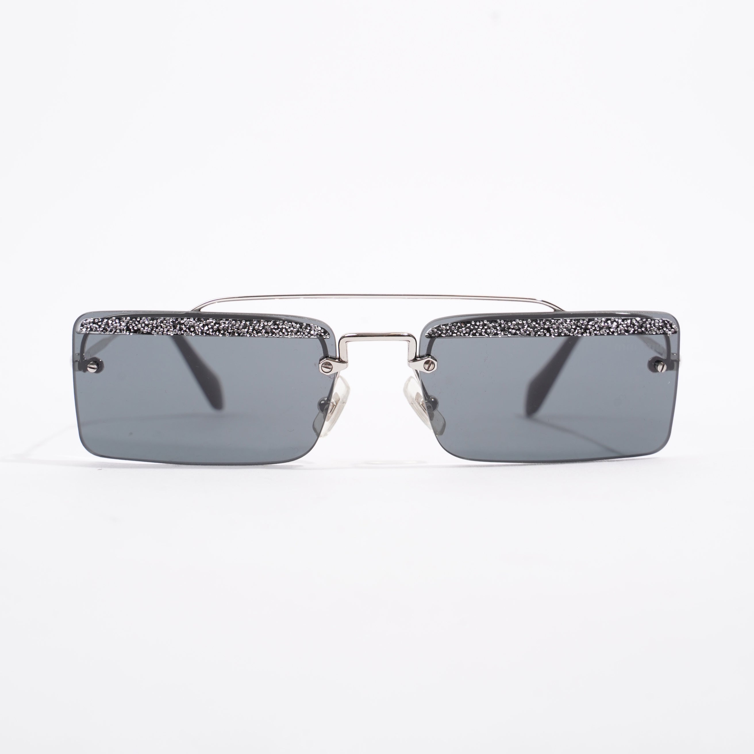 Shop Miu Miu Crystal Embellished Rectangular Frame Sunglasses / Silver Acetate 58mm 18mm In Grey