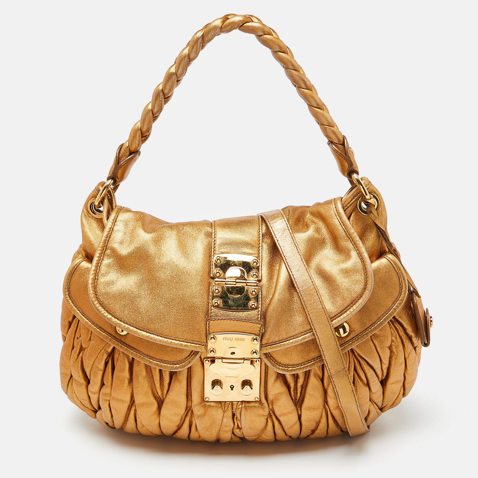 Miu Miu Matelassé Leather Coffer Hobo In Gold