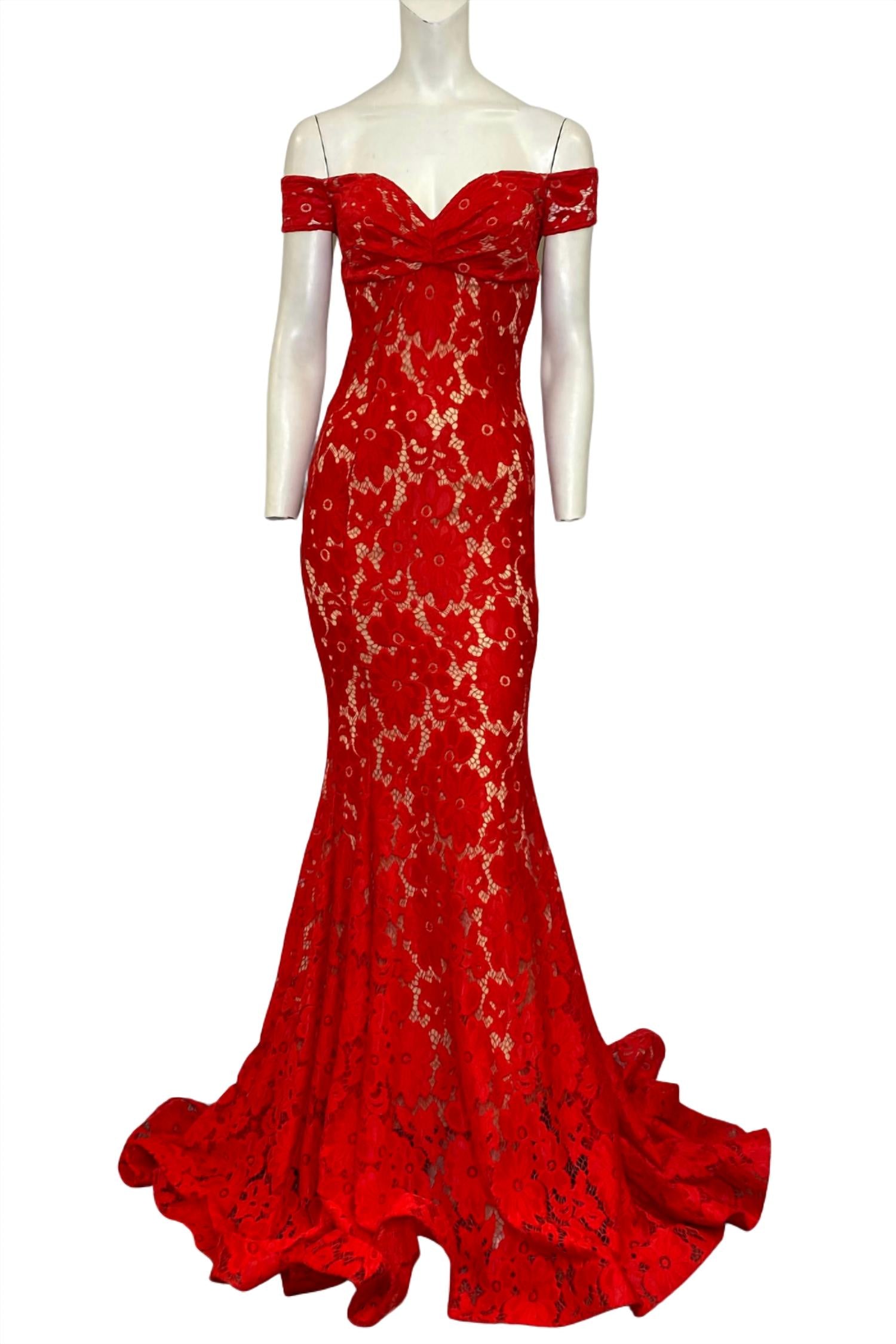 Shop Jessica Angel Off The Shoulder Lace Evening Gown In Red/nude
