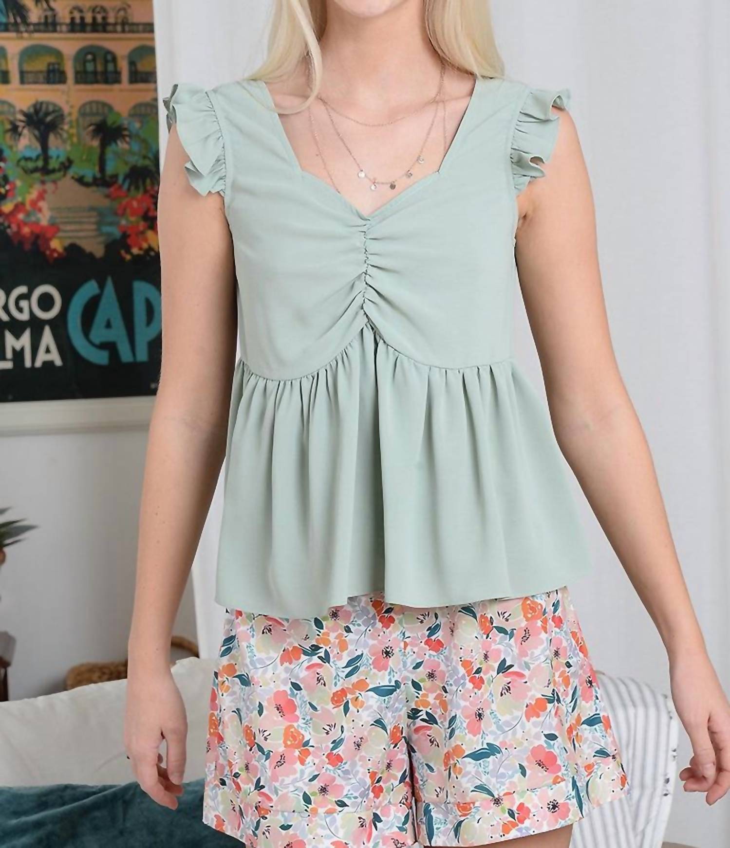 Shop Molly Bracken Basque Top In Sage In Blue