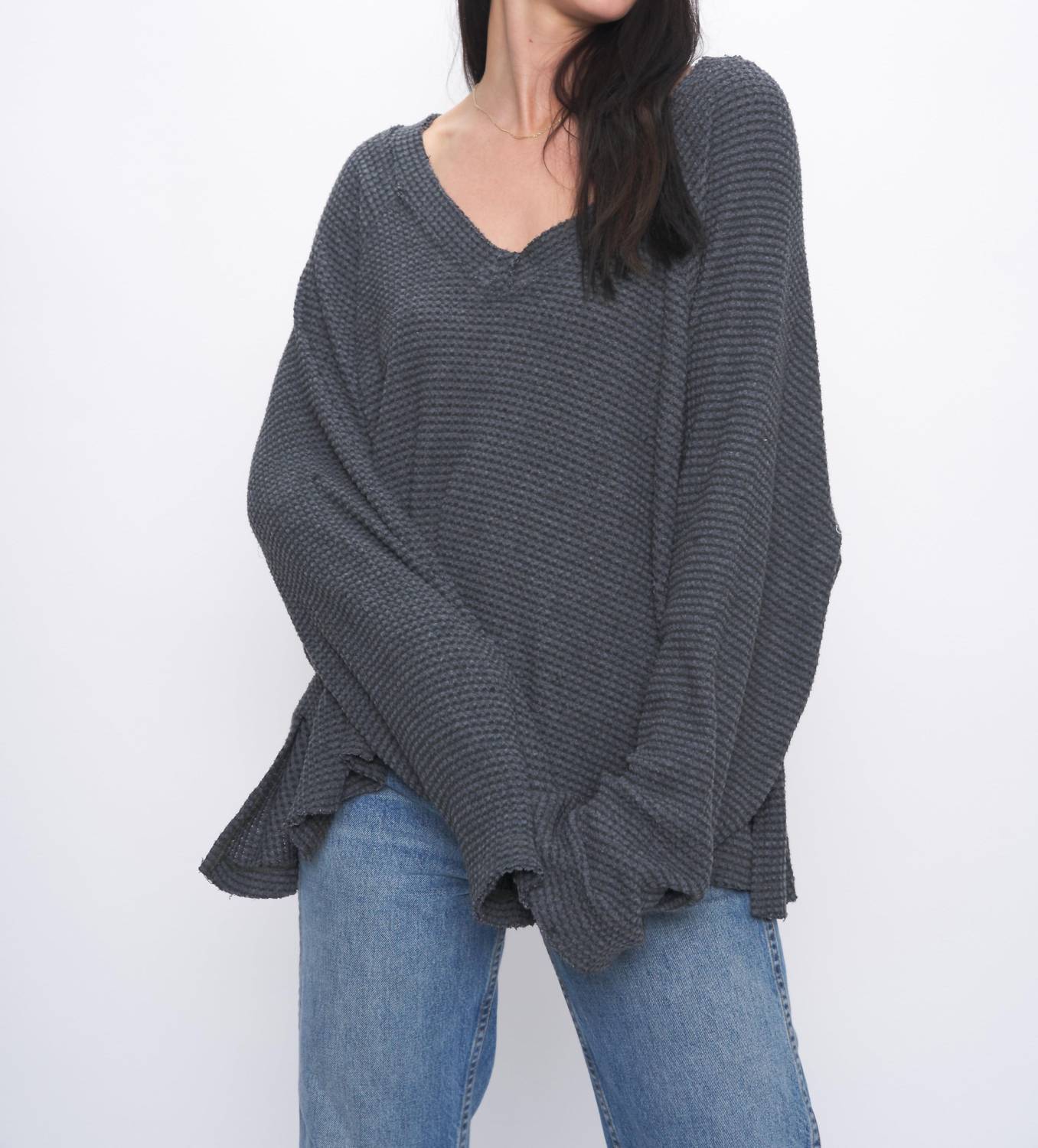 Project Social T Rosalita Cozy Thermal V Neck Long Sleeve Top In Midnight Forest In Gray
