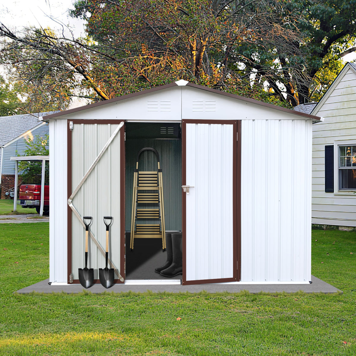 Simplie Fun Metal Garden Sheds 6ftx8ft Outdoor Storage Sheds White+offee