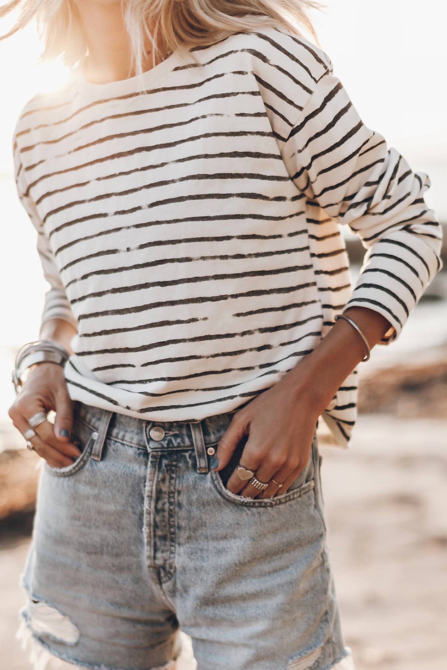 Dear Lover Round Neck Retro Stripe Long Sleeve Top In White In Neutral