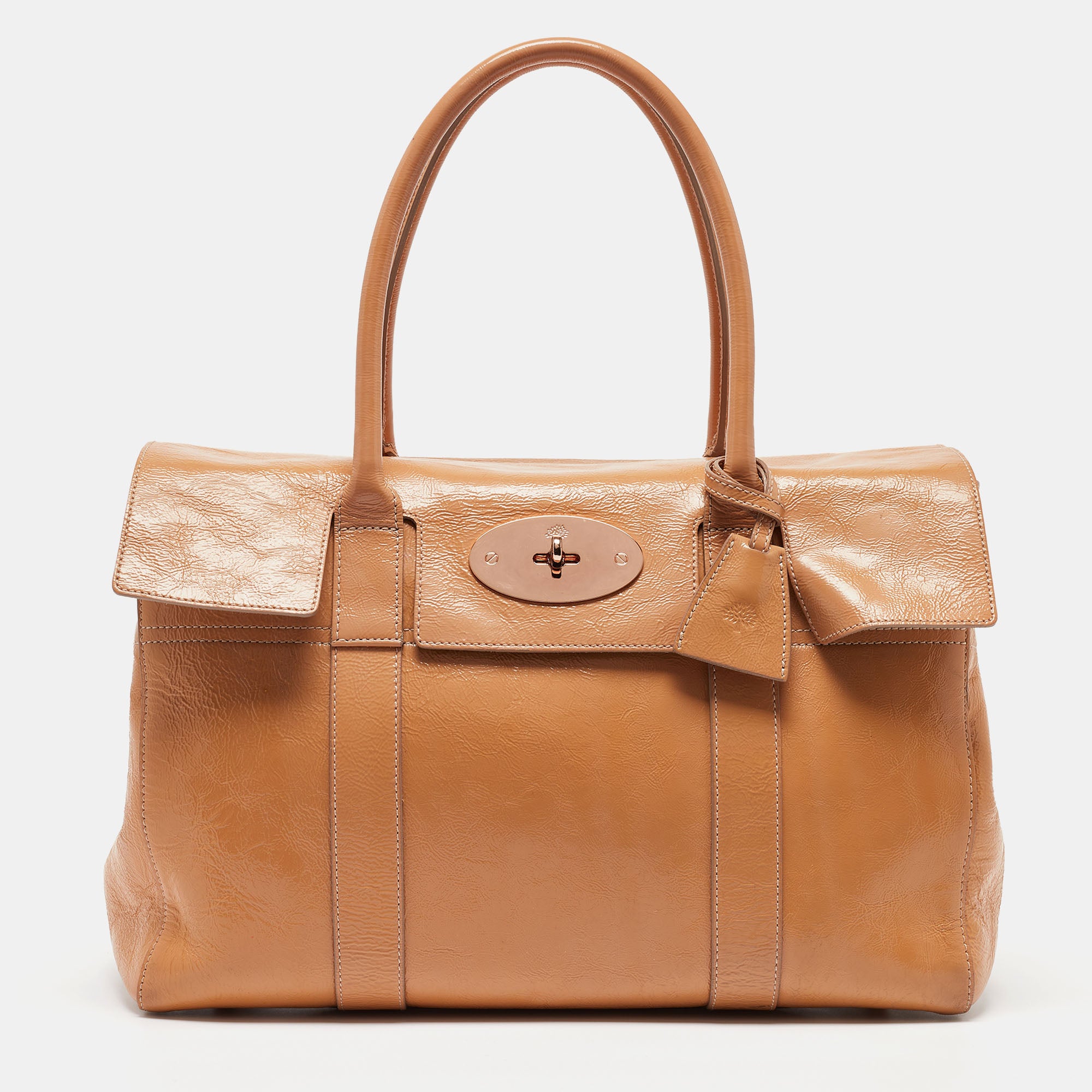Mulberry Patent Leather Bayswater Satchel In Beige