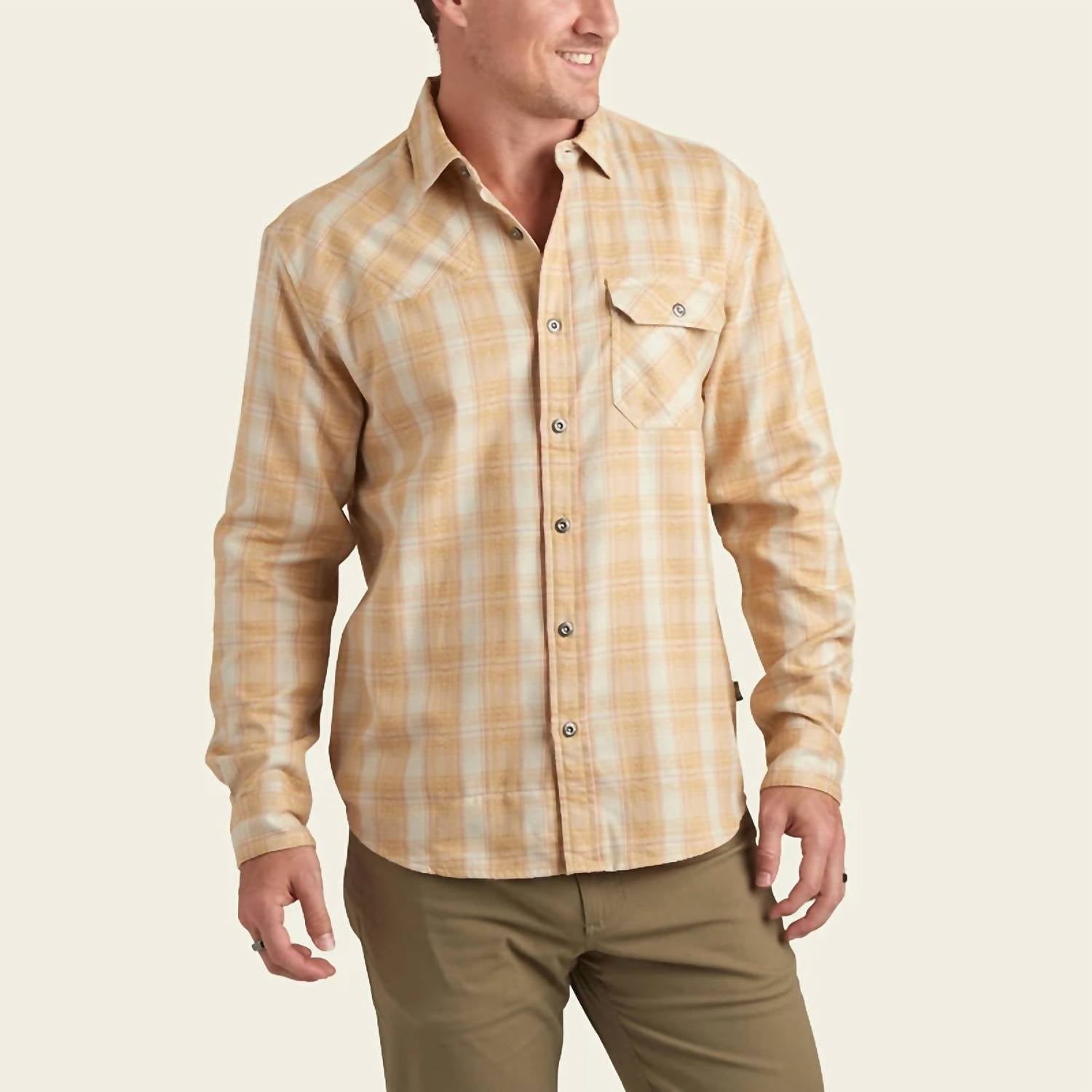 Shop Howler Brothers Me's Harkers Flannel Shirt In Barrett Plaid Faded Sun In Beige