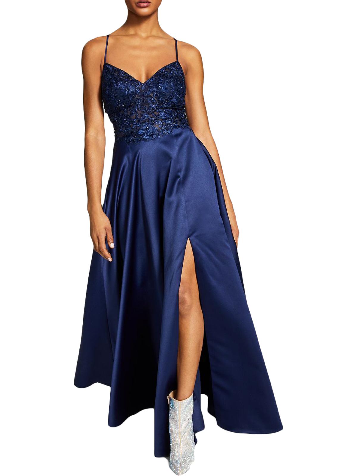 Blondie Nites Juniors Womens Lace-up Maxi Evening Dress In Blue