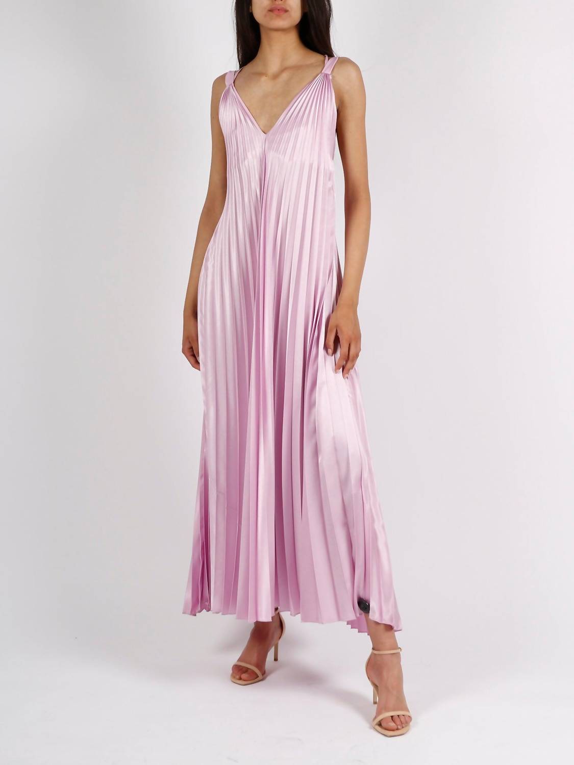 Shop Beatrice B Long Pleated Satin Dress In Bubble Pink