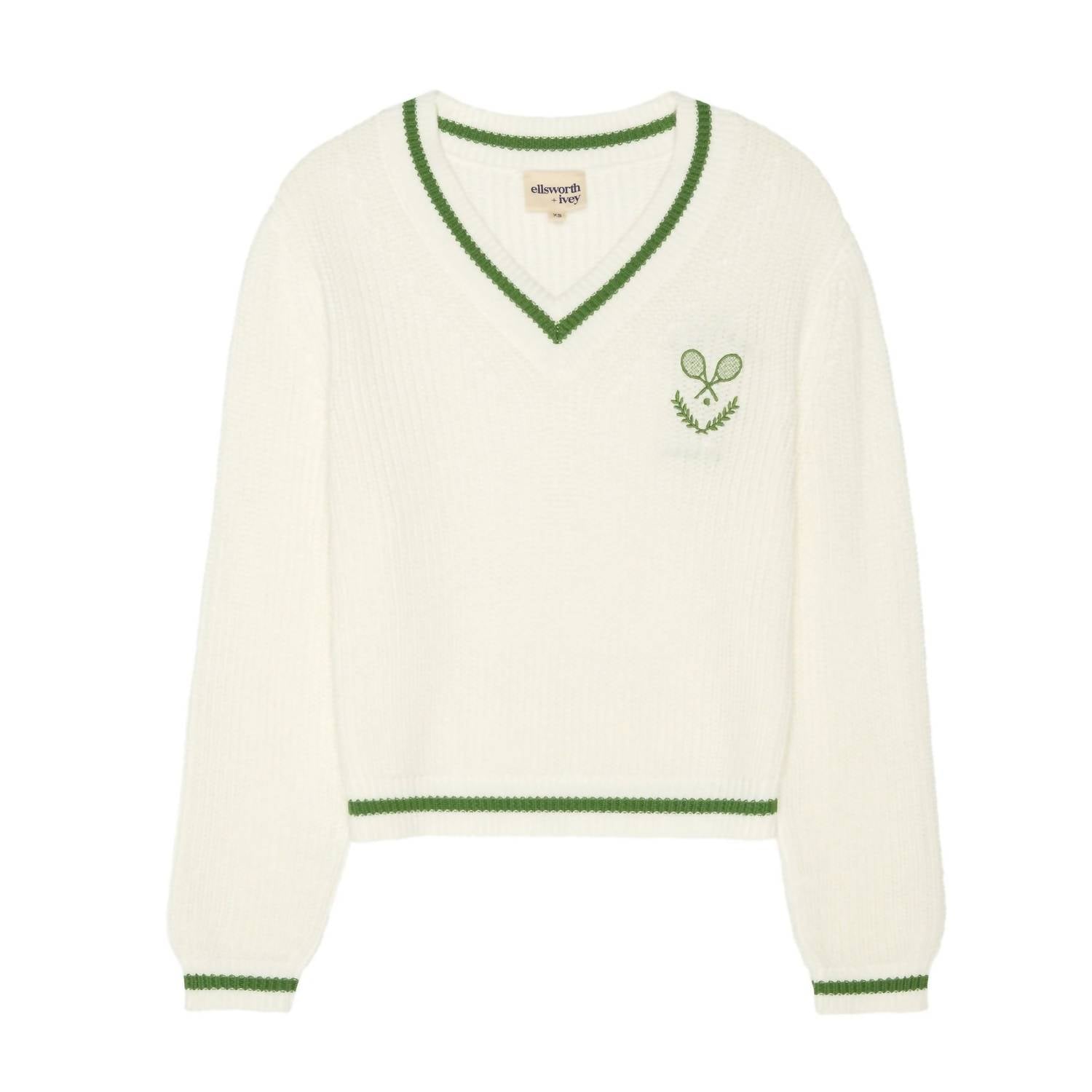 Ellsworth + Ivey Varsity Tennis Club V-neck Sweater In White In Neutral