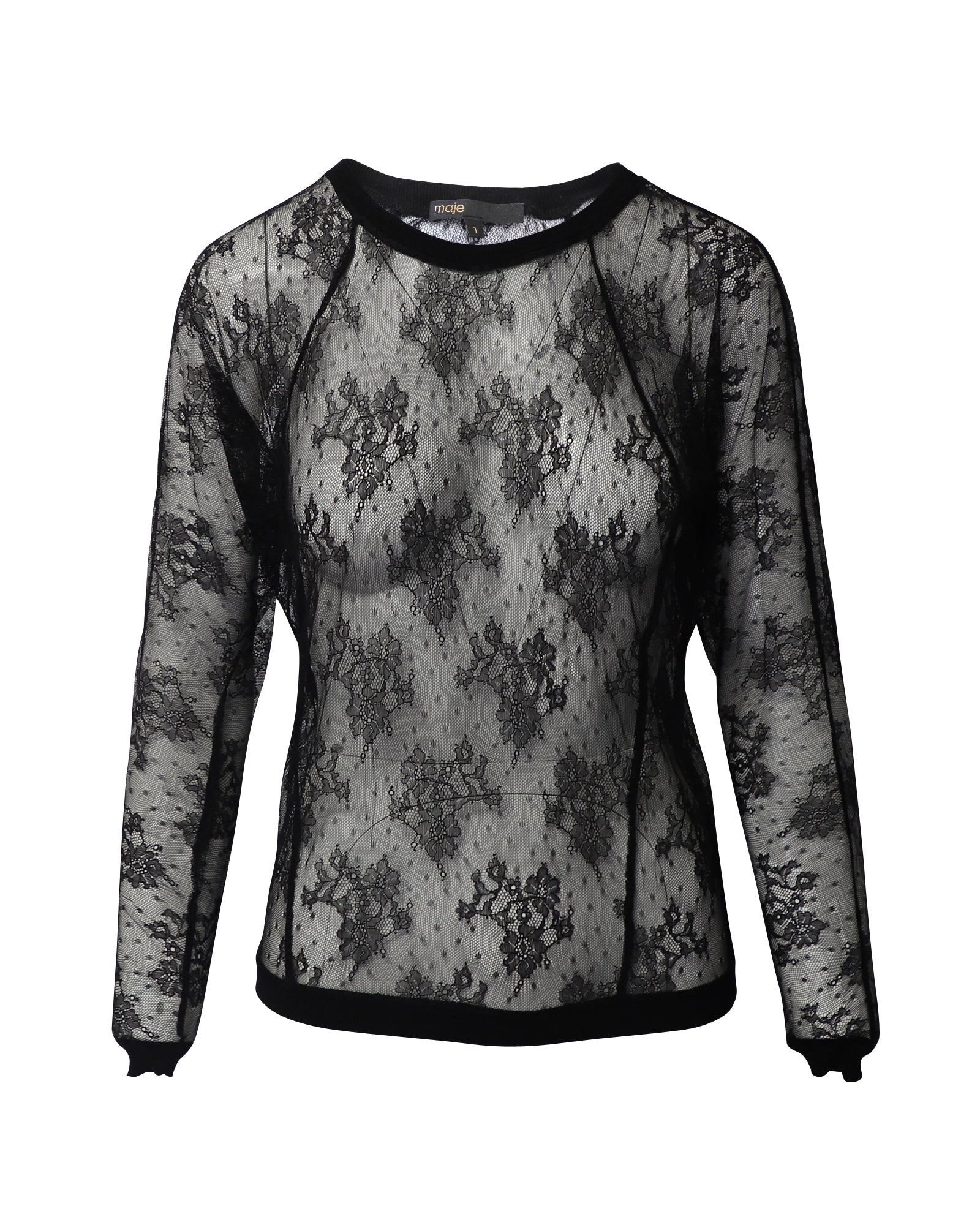 image of Maje Lace Pattern Scoop Neck Blouse in Black Nylon