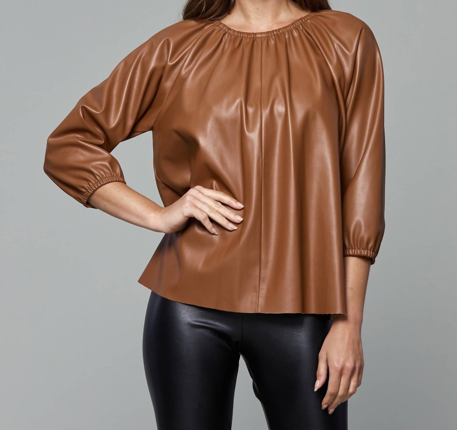 Shop Dolce Cabo Blakely Faux Leather Puff Sleeve Top In Camel In Brown