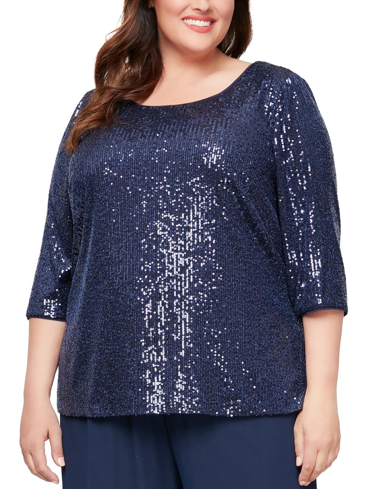 Alex Evenings Plus Womens Sequined Wideneck Blouse In Blue