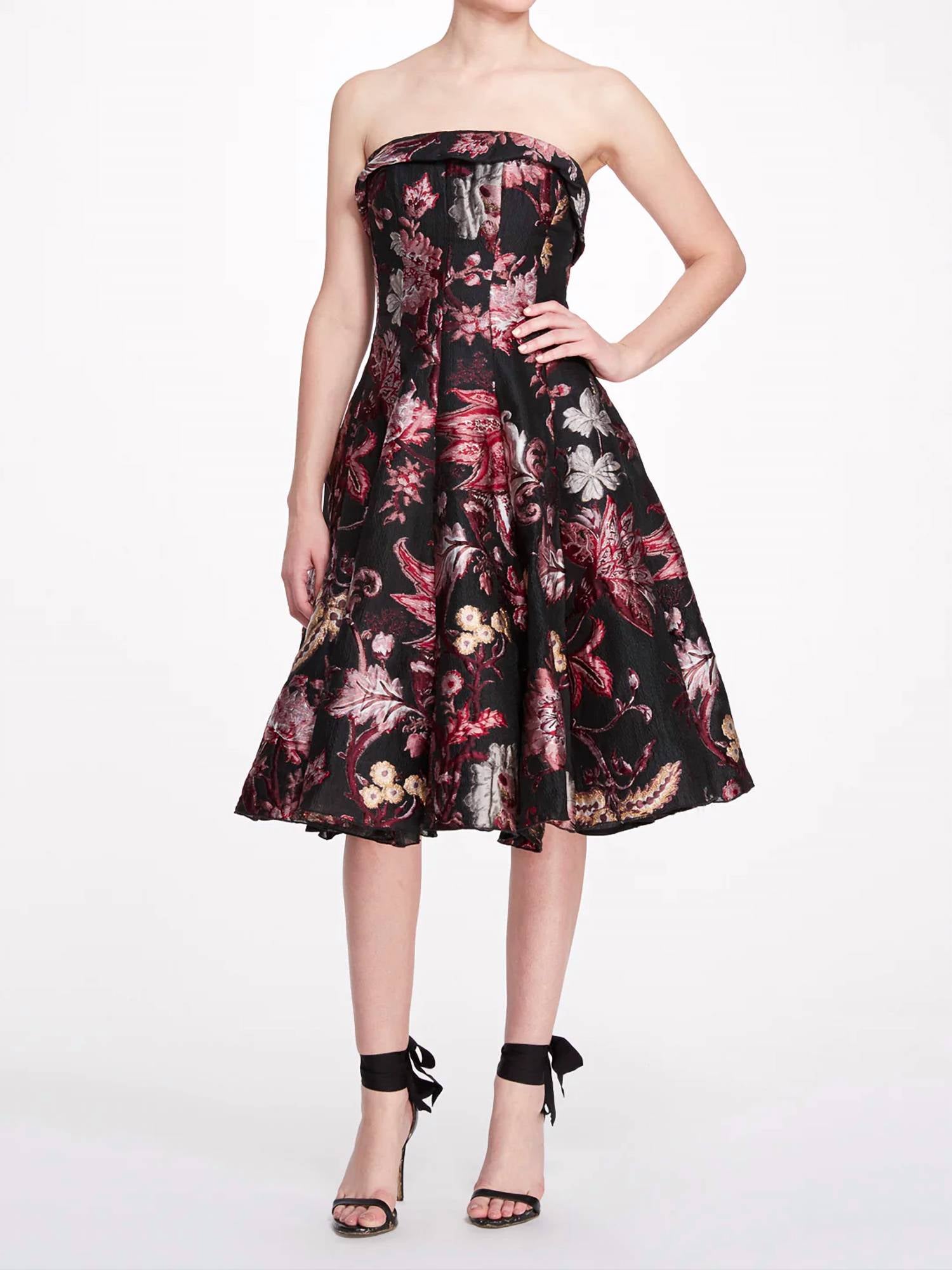 Shop Marchesa Strapless Floral Tea Length Gown In Black In Multi