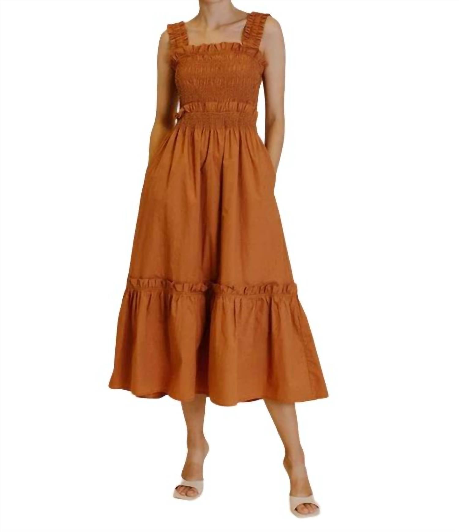 Aureum Smocked Midi Dress In Terracotta In Orange