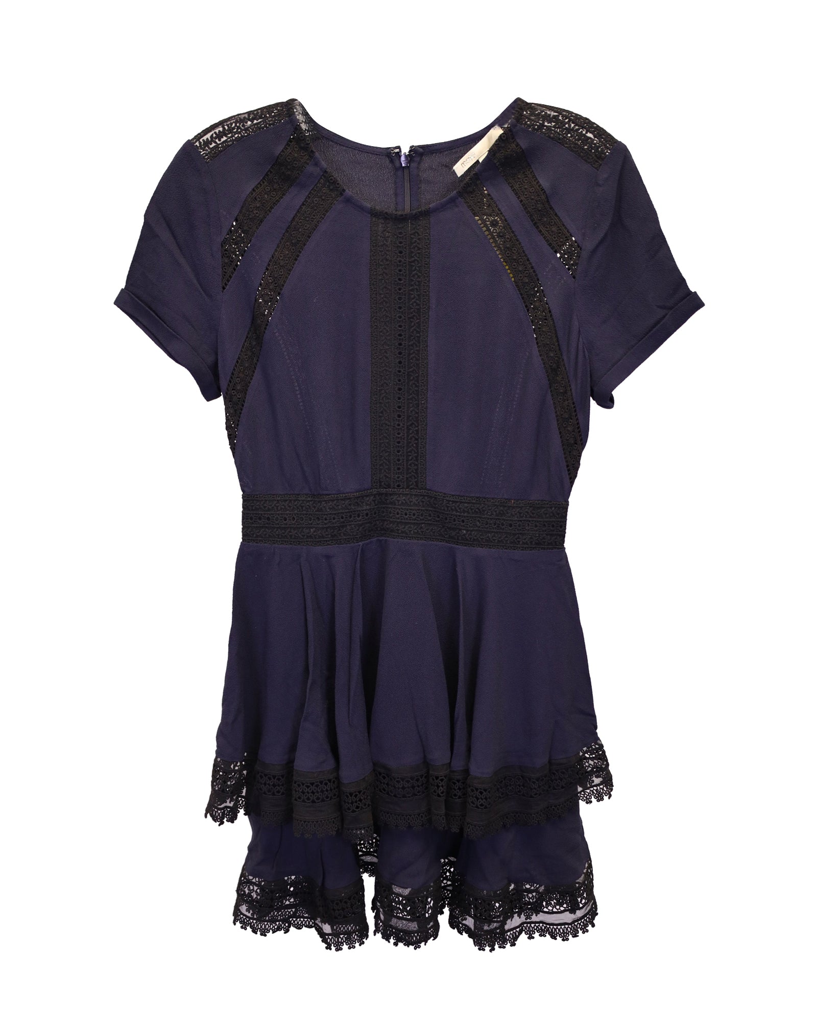 image of Maje Raglia Tiered Lace-inset Dress In Navy Blue Viscose