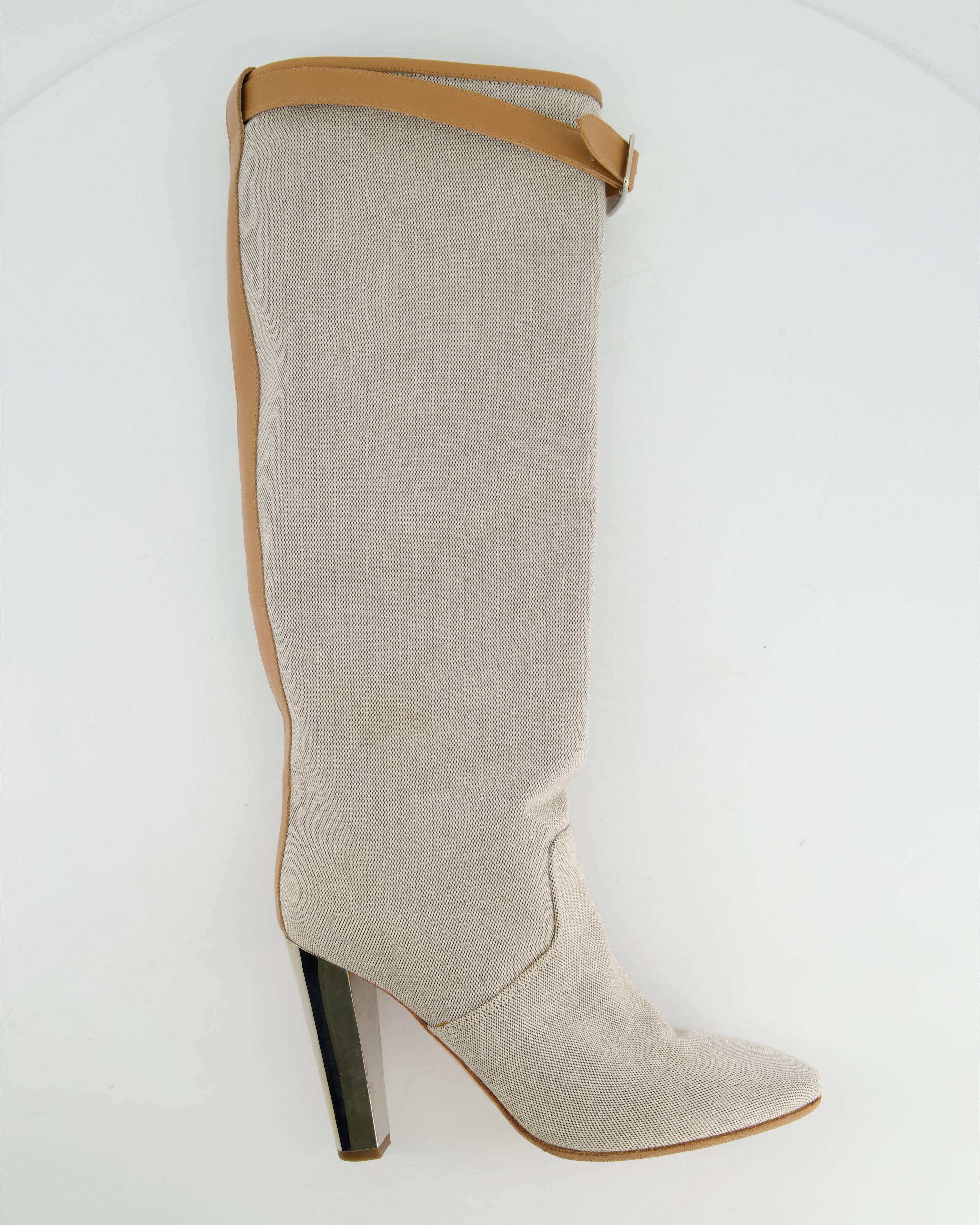 Hermes Stone Canvas Knee High Boots With Tan Buckle Detail In Grey