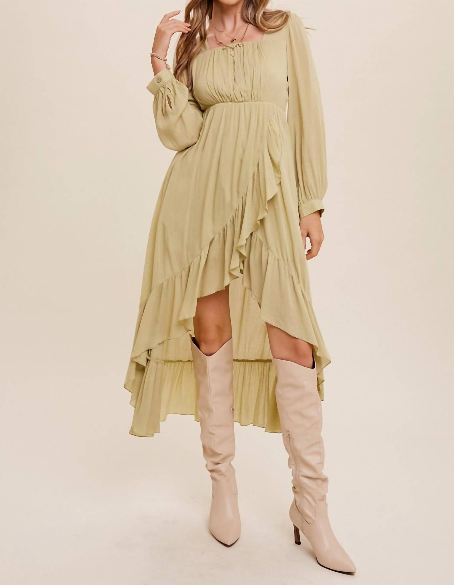 Listicle High Low Ruffled Wrap Style Maxi Dress In Light Olive In Beige