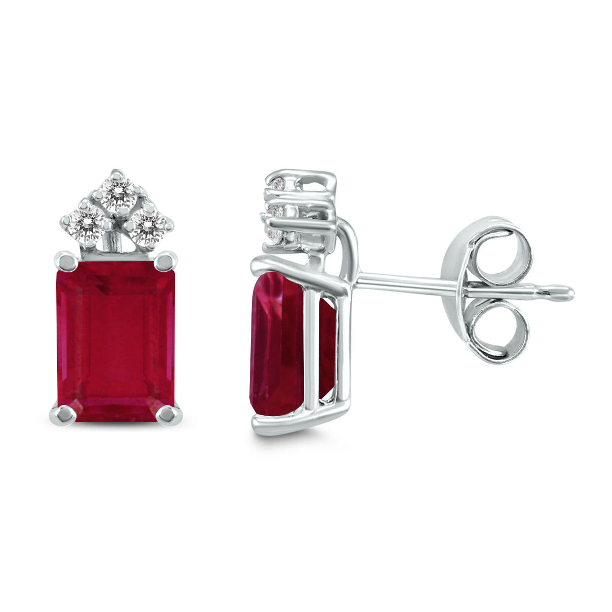 Sselects 14k 5x3mm Emerald Shaped Ruby And Three Stone Diamond Earrings In Burgundy